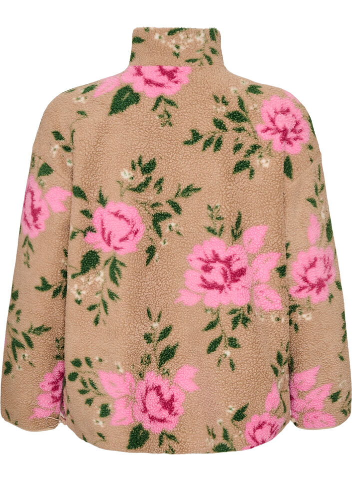 Blomstret fleecejakke med h&oslash;j hals og lynl&aring;s, Beige, Packshot image number 1