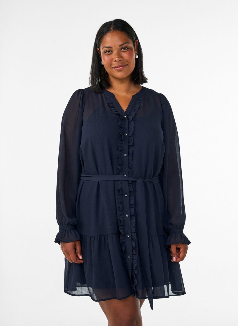 Kort kjole med fl&aelig;sedetaljer og bindeb&aring;nd, Bl&aring;, Model image number 0