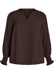 Bluse med smock manchetter og V-udsk&aelig;ring, Brun