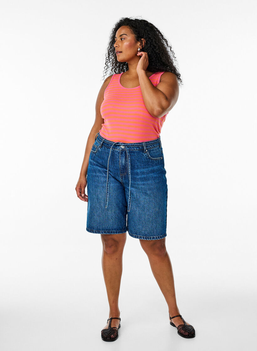Stribet tanktop med ribstruktur, Orange, Model image number 1