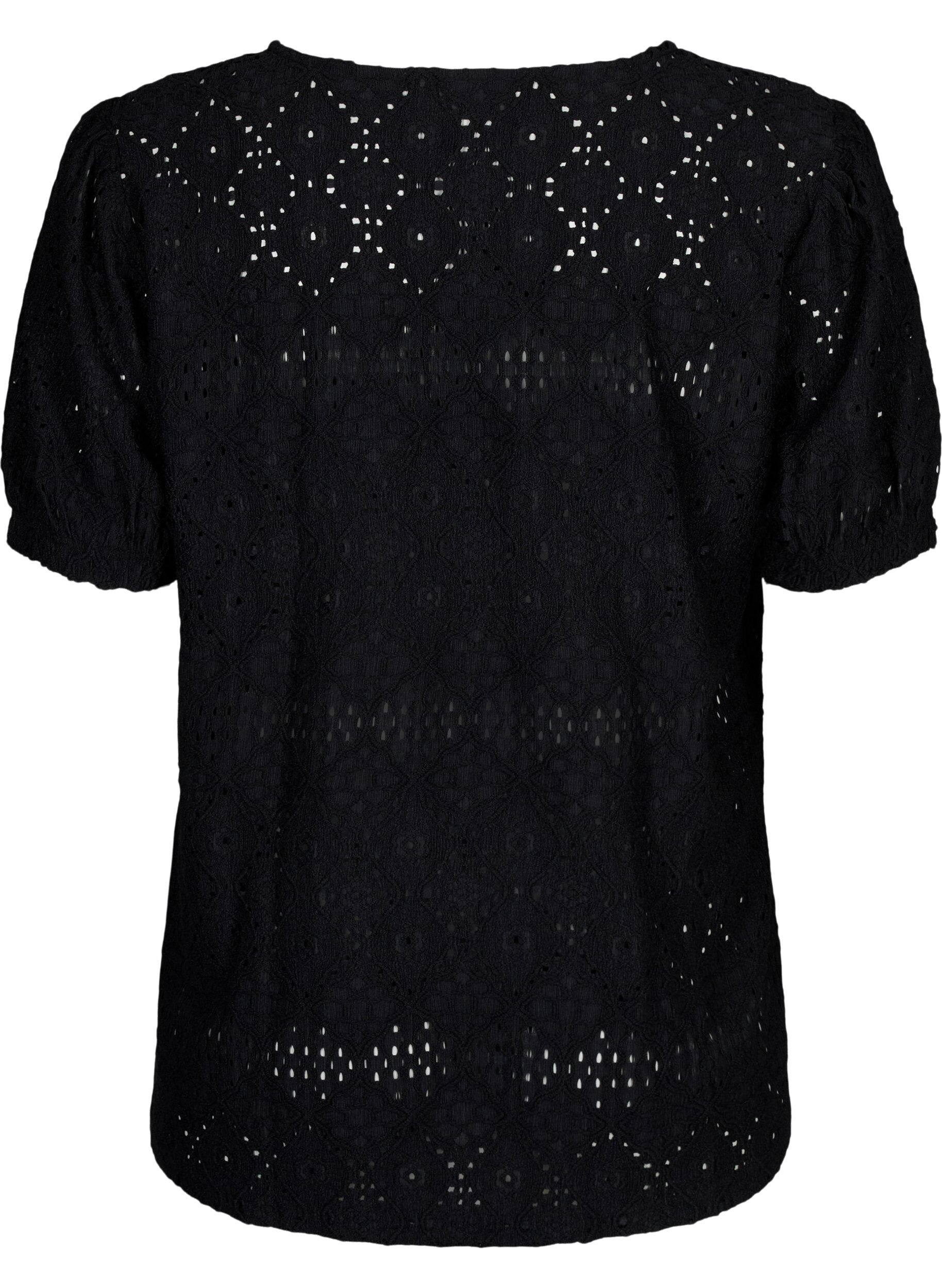 Zizzi Kort&aelig;rmet bluse med hulm&oslash;nster, Black, Packshot image number 1