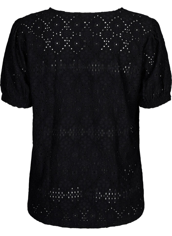 Kortærmet bluse med hulmønster, Black, Packshot image number 1