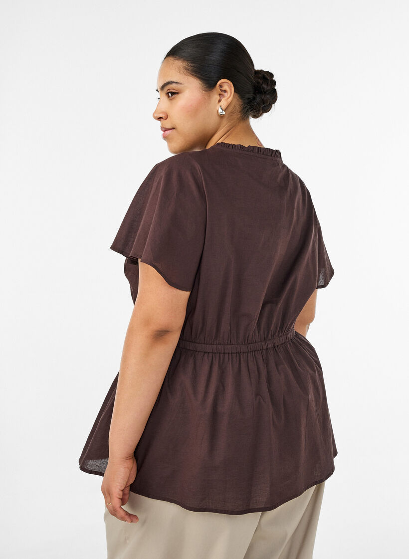 Bluse i bomuld med bindeb&aring;nd og elastisk talje, Brun, Model image number 2