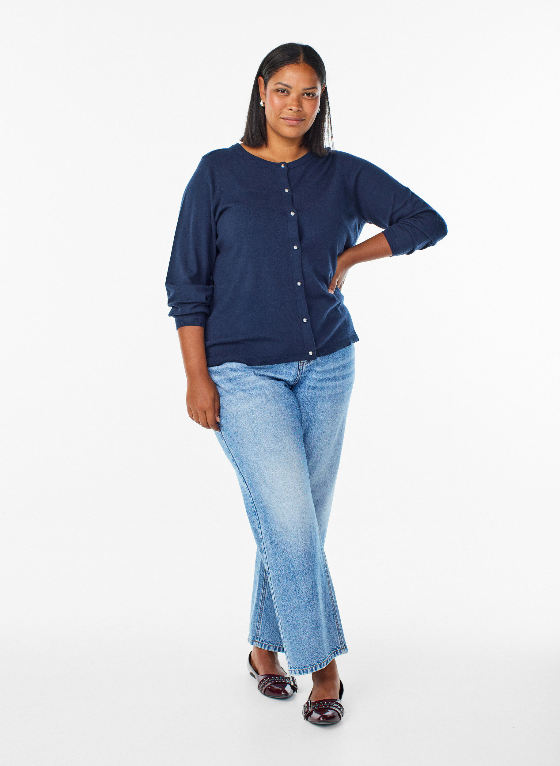 Zizzi Cardigan med runde knapper, Bl&aring;, Model image number 1