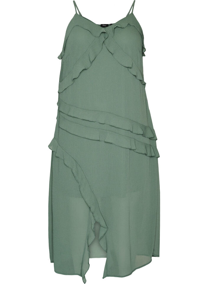 Chiffonkjole med asymmetriske fl&aelig;ser, Gr&oslash;n, Packshot image number 0