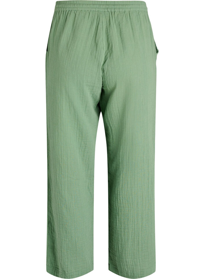 Bukser i bomuldsmusselin med h&oslash;j talje og l&oslash;se ben, Gr&oslash;n, Packshot image number 1