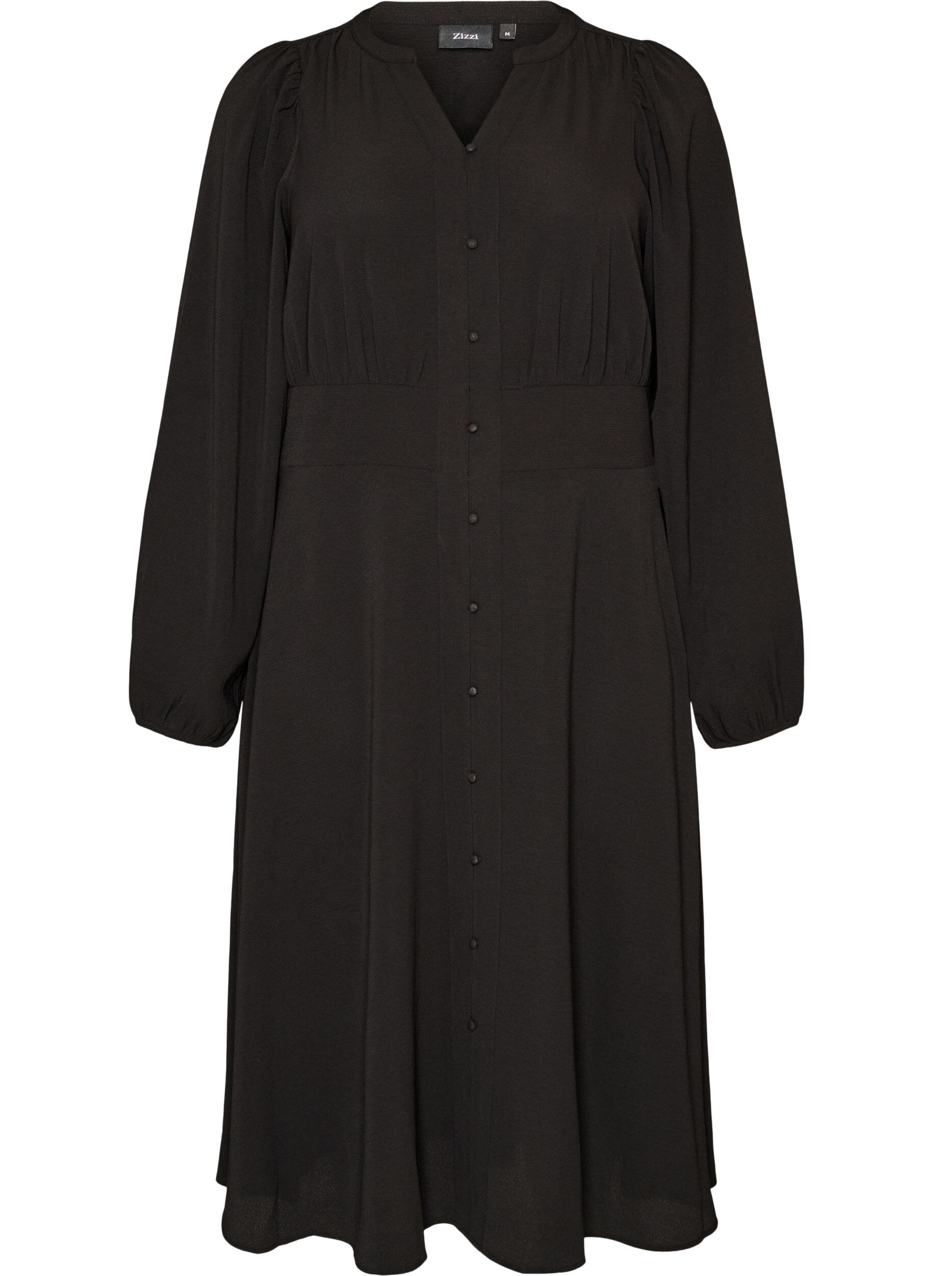 ZizziMidikjole med smock og dekorative knapper, Sort, Packshot image number 0