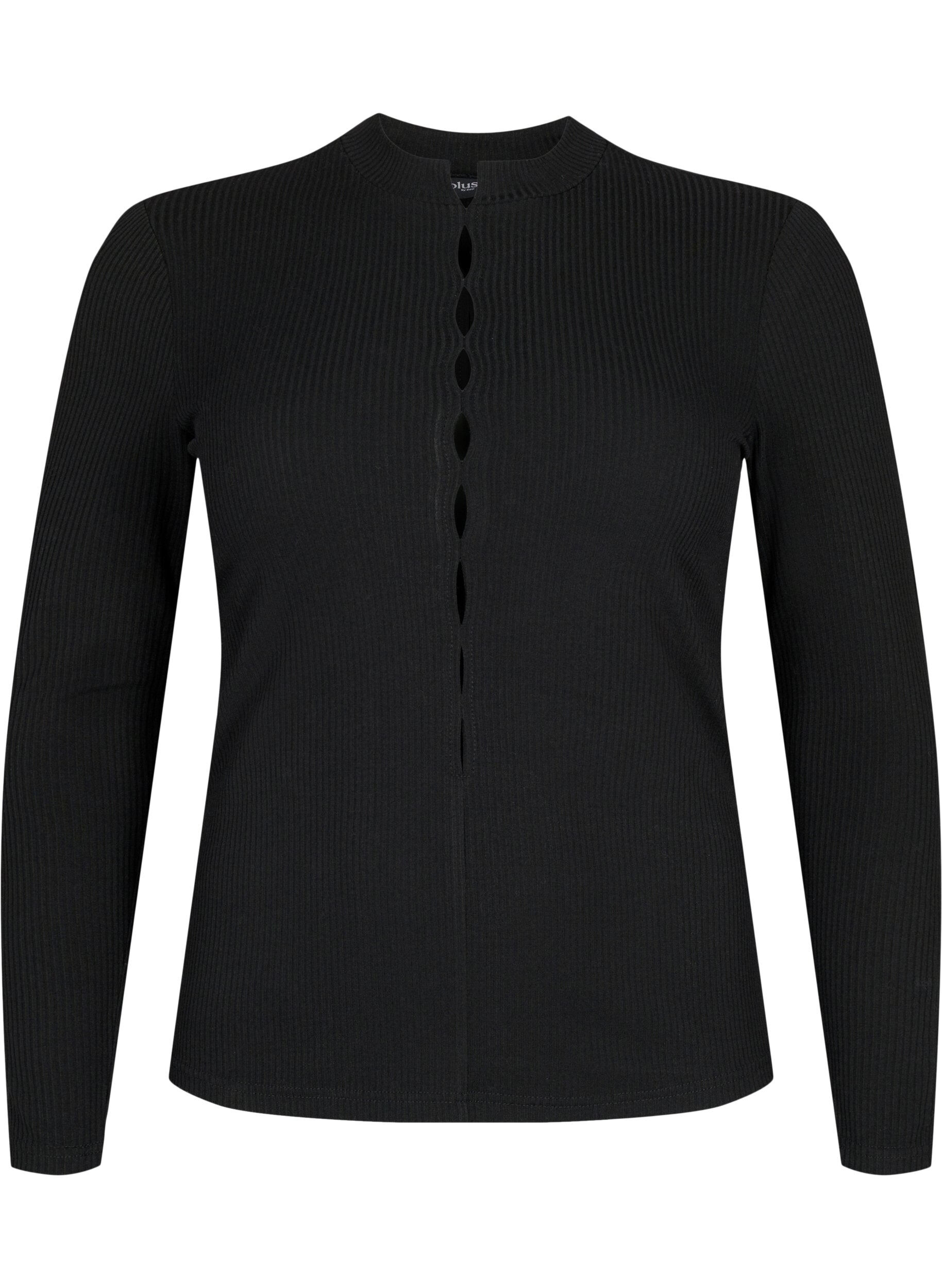 Zizzi Lang&aelig;rmet bluse i rib med huldetaljer, Black, Packshot image number 0