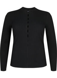 Langærmet bluse i rib med huldetaljer, Black