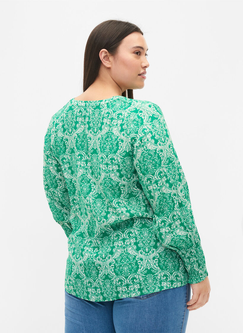 Printet viskosebluse med smock, Jolly Green Oriental, Model image number 1