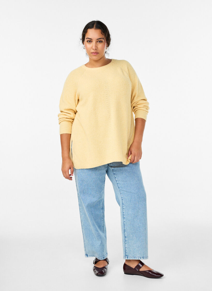 Strikbluse med diagonalt m&oslash;nster og raglan&aelig;rmer, Gul, Model image number 1