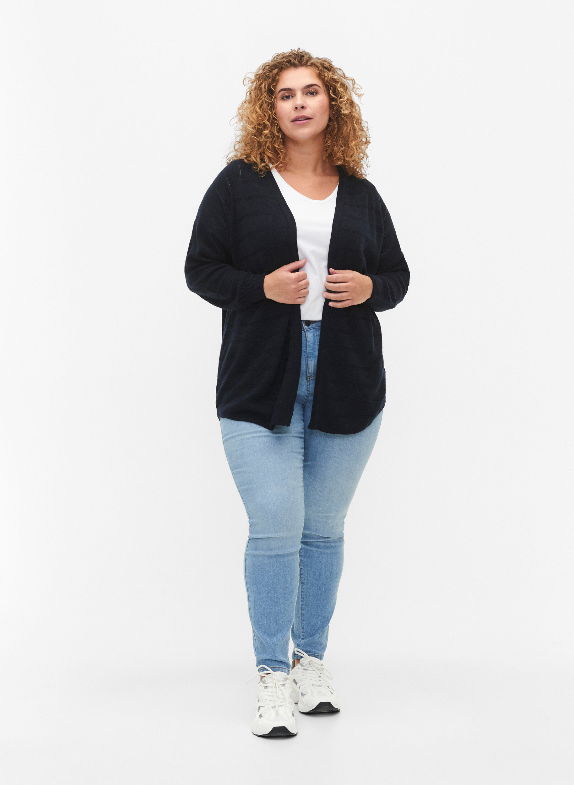 Zizzi Strikcardigan med tone-i-tone striber, Navy Blazer, Model image number 2