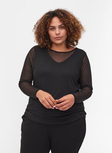 Tætsiddende bluse med mesh , Black, Model image number 0