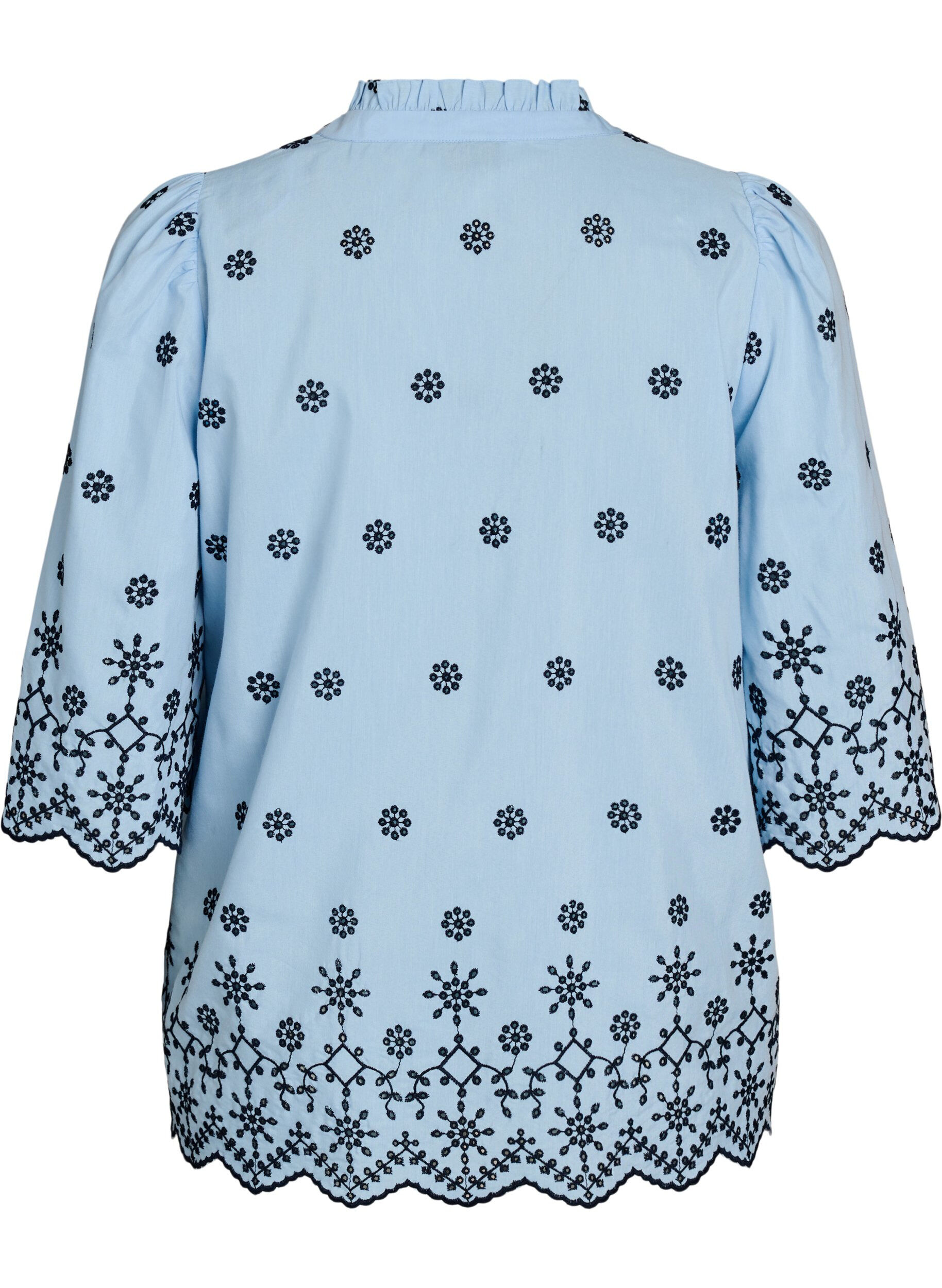 Zizzi Bluse med 3/4 &aelig;rmer og broderet m&oslash;nster, Bl&aring;, Packshot image number 1