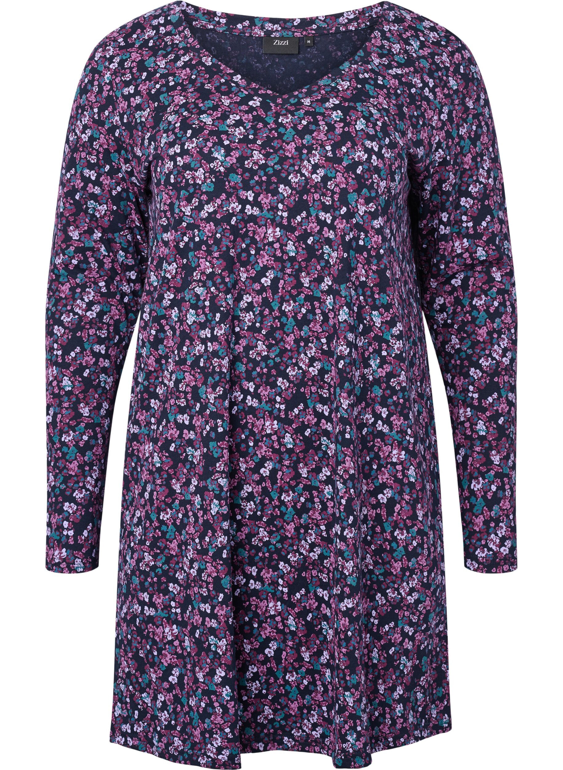 Zizzi Lang&aelig;rmet natkjole i bomuld, Night Sky Disty AOP, Packshot image number 0