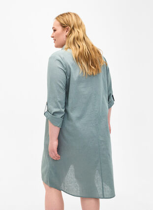 V-hals kjole i bomuld og hør, Chinois Green, Model image number 1