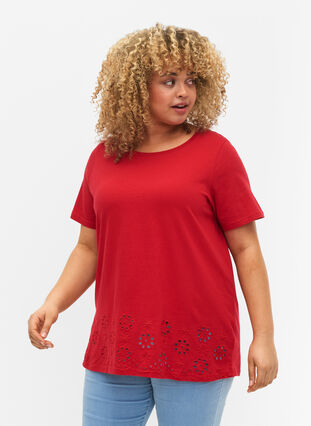 T-shirt i bomuld med broderi anglaise, Tango Red, Model image number 0