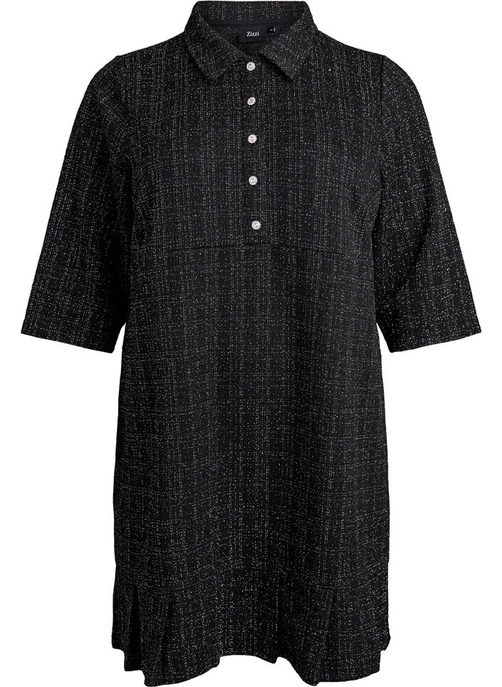 Kort kjole i boucl&eacute; med dekorative knapper, Sort, Packshot image number 0