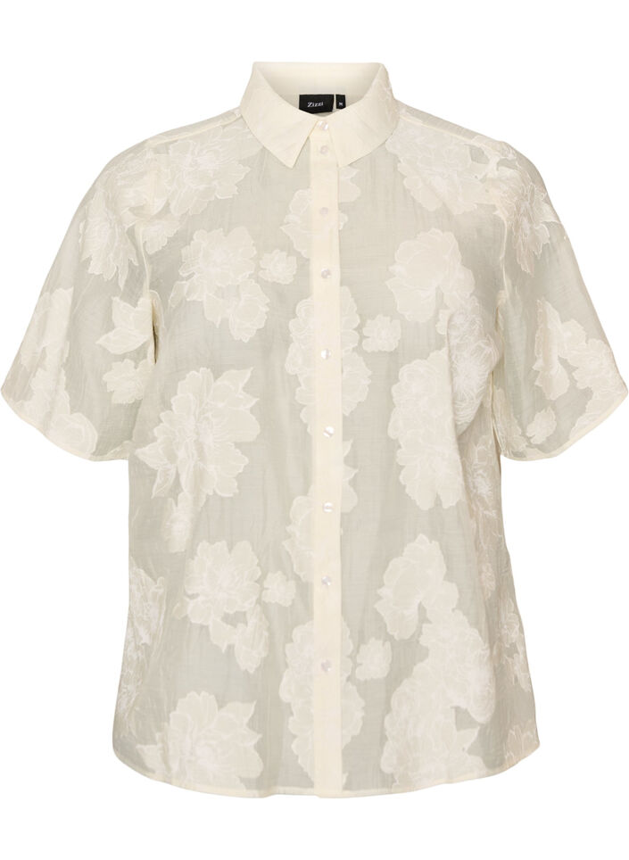 Transparent skjortebluse med blomstermotiver, Beige, Packshot image number 0