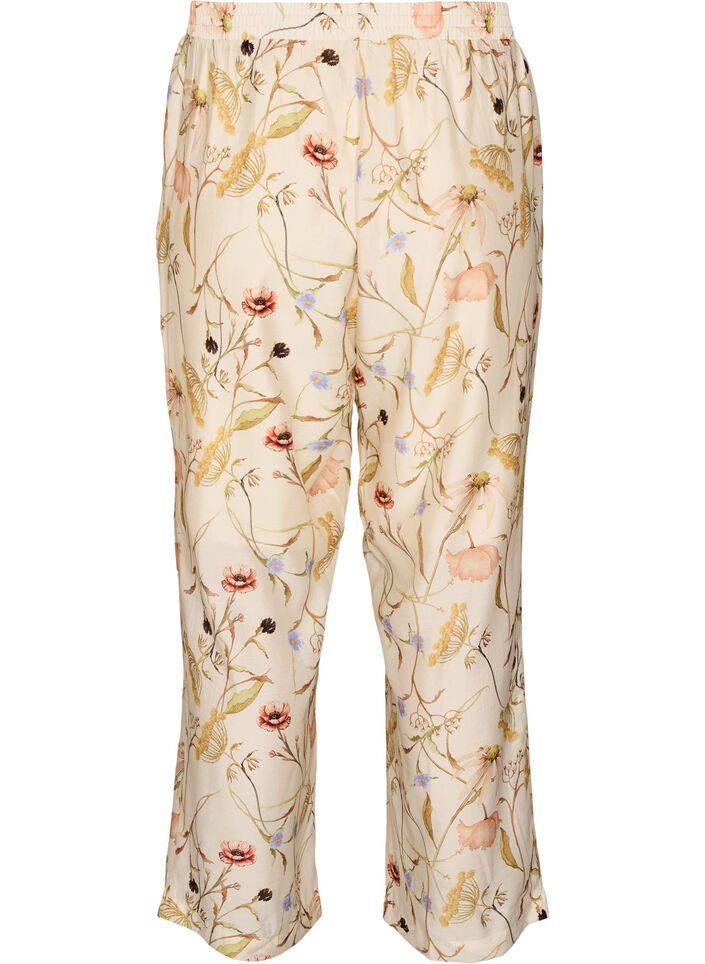 Bukser i viskose med h&oslash;j talje og blomsterprint, Beige, Packshot image number 1