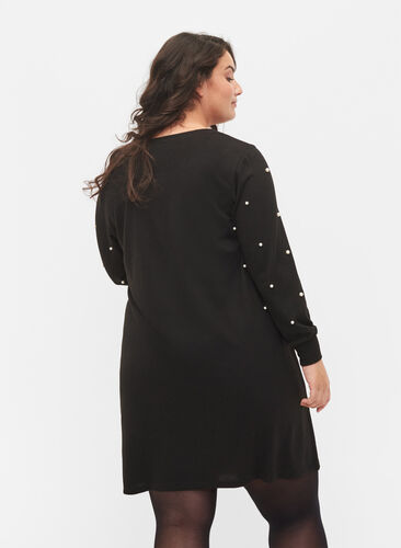 Langærmet kjole med perledetaljer, Black, Model image number 1