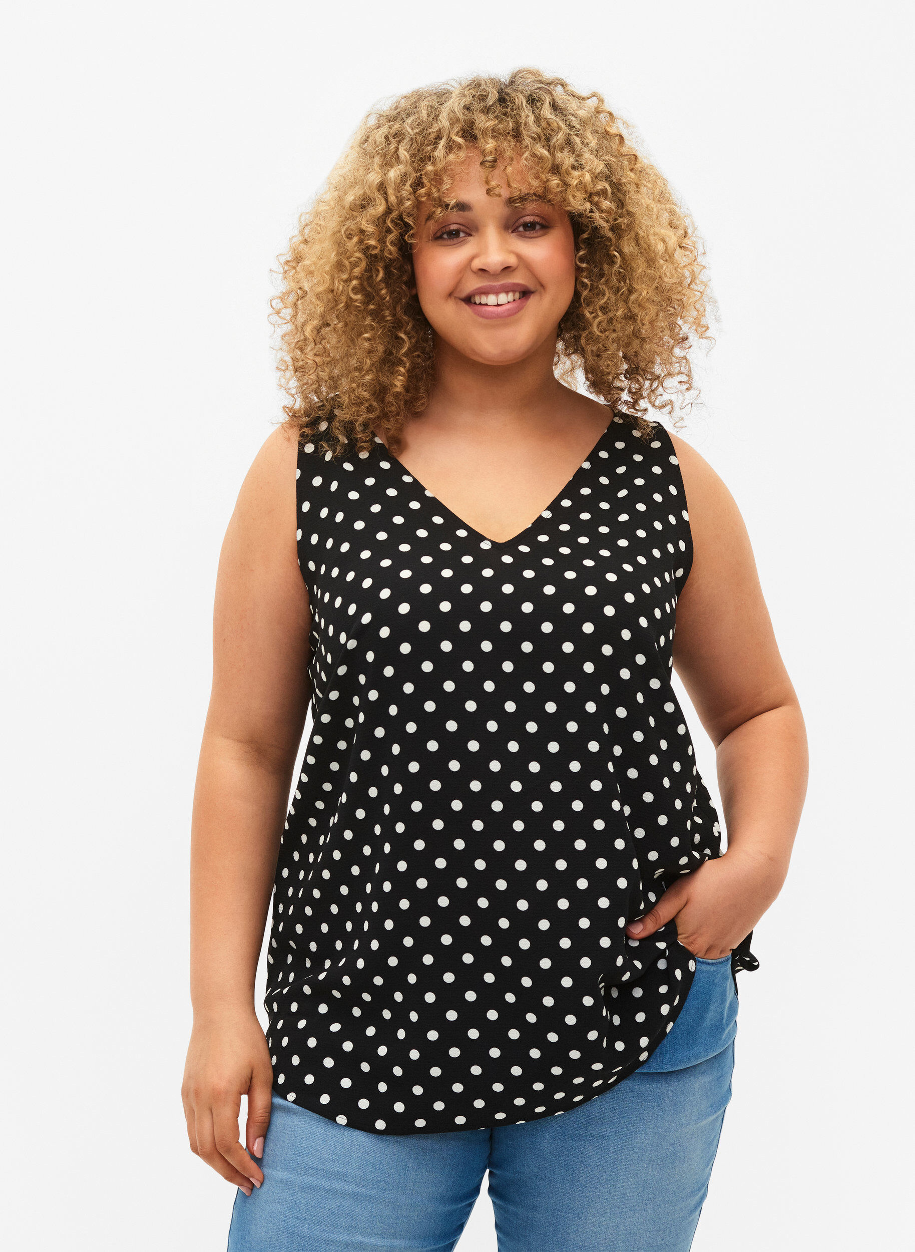 Zizzi Printet top med v-hals , Black Dot, Model image number 0