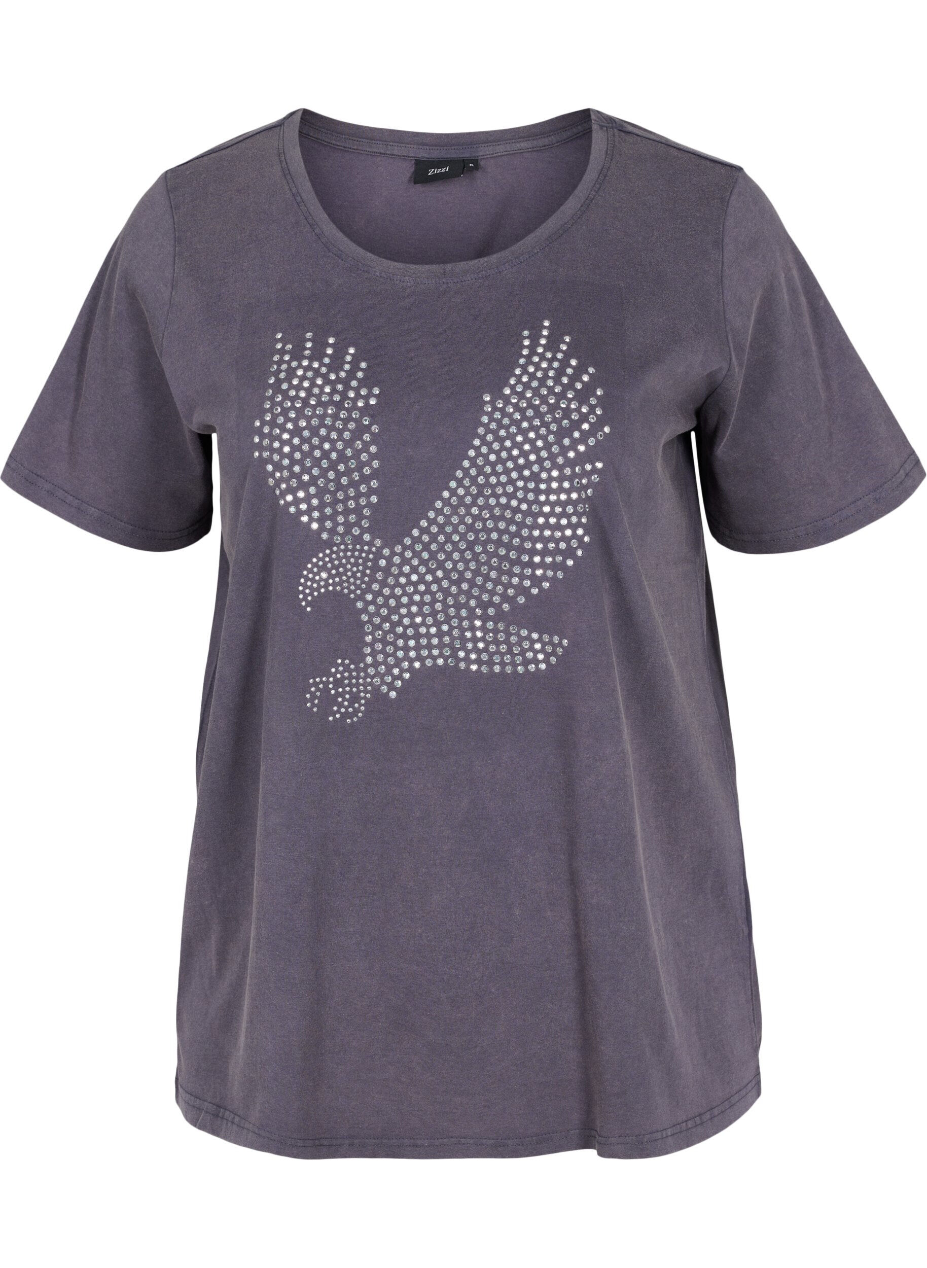 Zizzi Bomulds t-shirt med acid wash og sten , Dark Grey Wash, Packshot image number 0