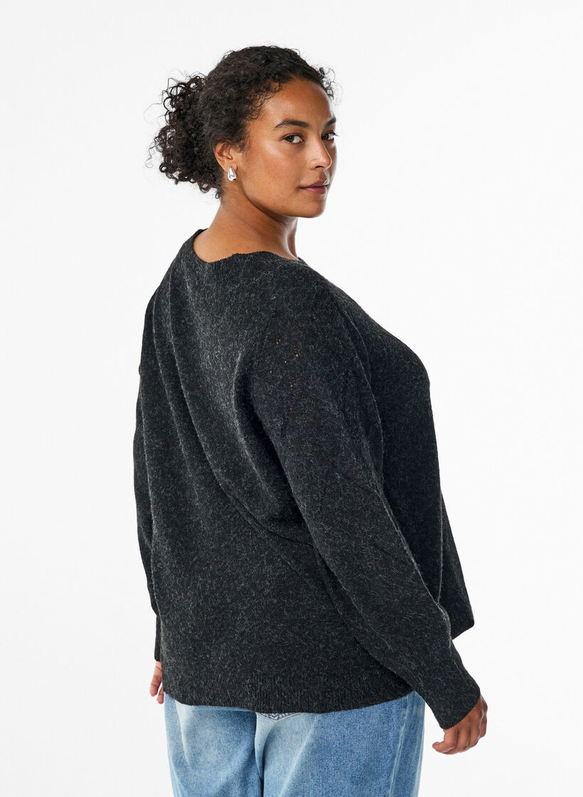 Strikbluse med hulmønster og ballonærmer, Grå, Model image number 2