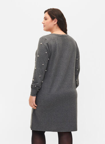 Langærmet kjole med perledetaljer, Dark Grey Melange, Model image number 1