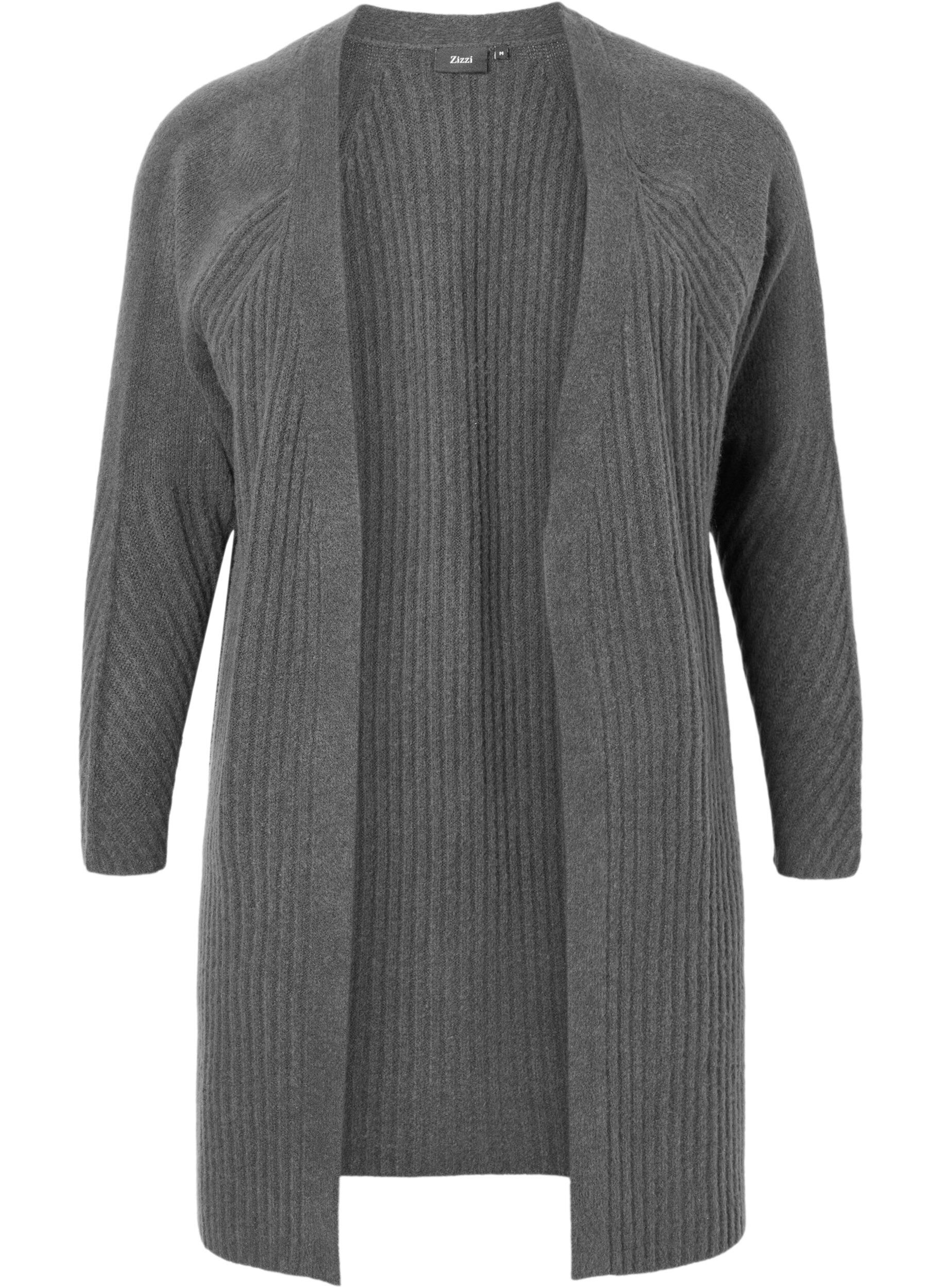 Zizzi Lang ribstrikket cardigan, Dark Grey Melange, Packshot image number 0