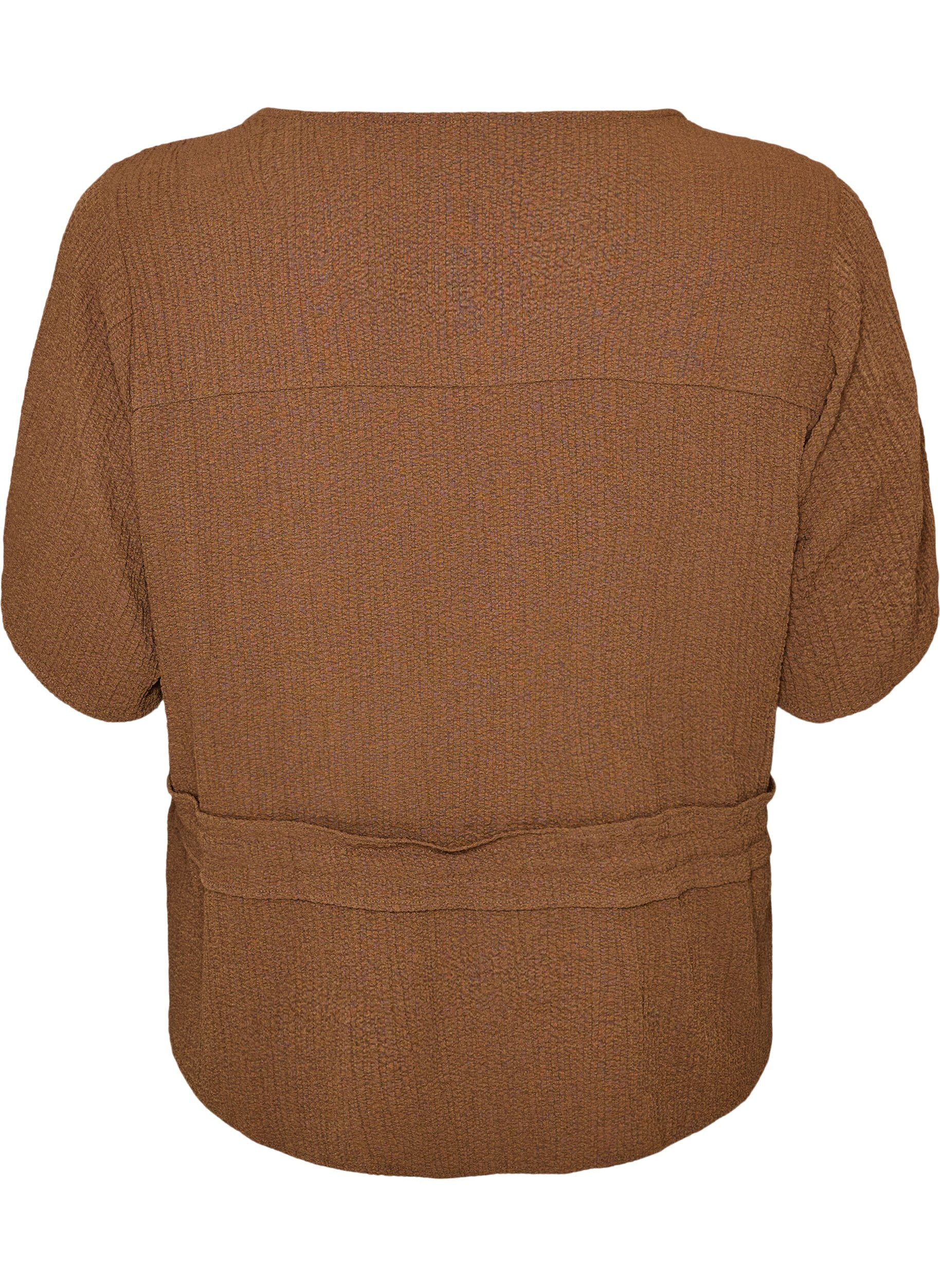 ZizziBluse med struktur og bindeb&aring;nd i taljen, Brun, Packshot image number 1