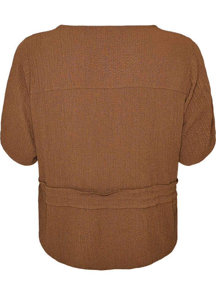 Bluse med struktur og bindeb&aring;nd i taljen, Brun, Packshot image number 1