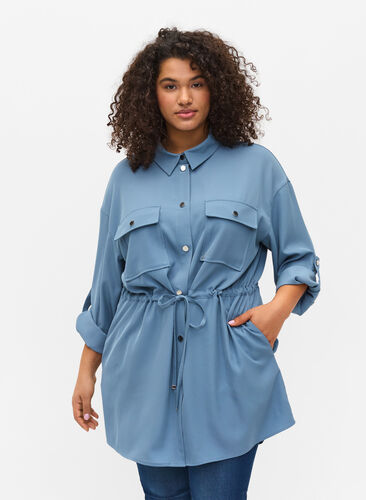 Skjortejakke med bindesnøre og lommer, Blue Shadow, Model image number 0