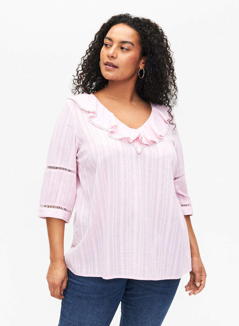 Bluse i bomulds-viskose mix med 3/4 ærmer, Almond Blossom, Model image number 0