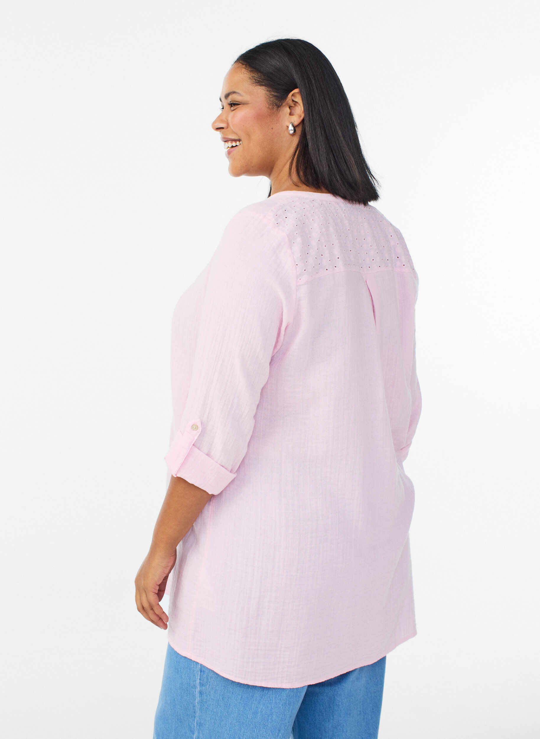 ZizziTunika i bomuldsmusselin med broderi anglaise, Lyser&oslash;d, Model image number 2