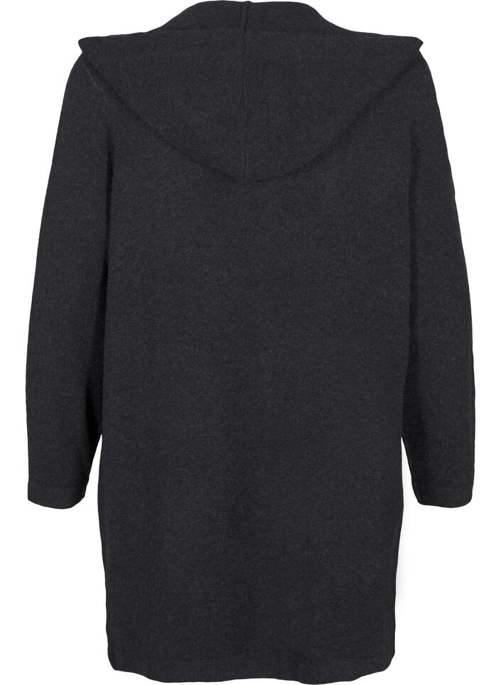 Lang strik cardigan med uld og hætte, Dark Grey Melange, Packshot image number 1