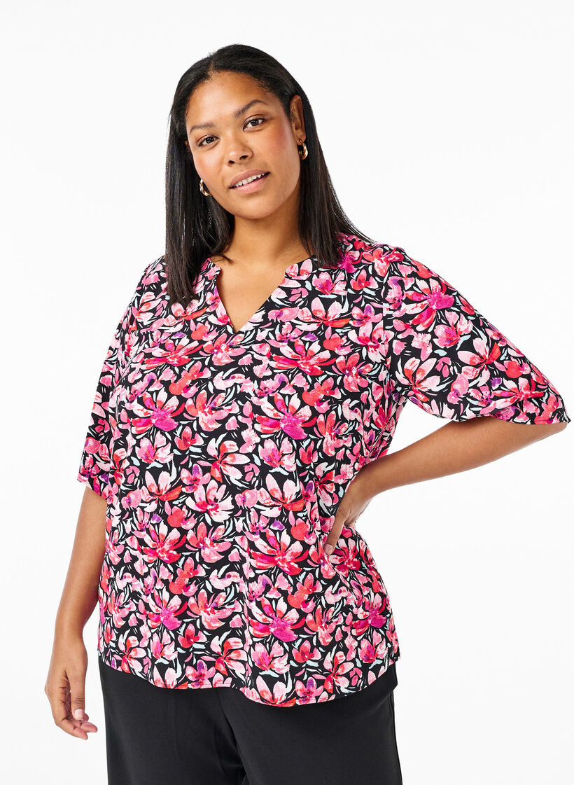 V-hals bluse med blomsterprint, Black Flower AOP, Model image number 0