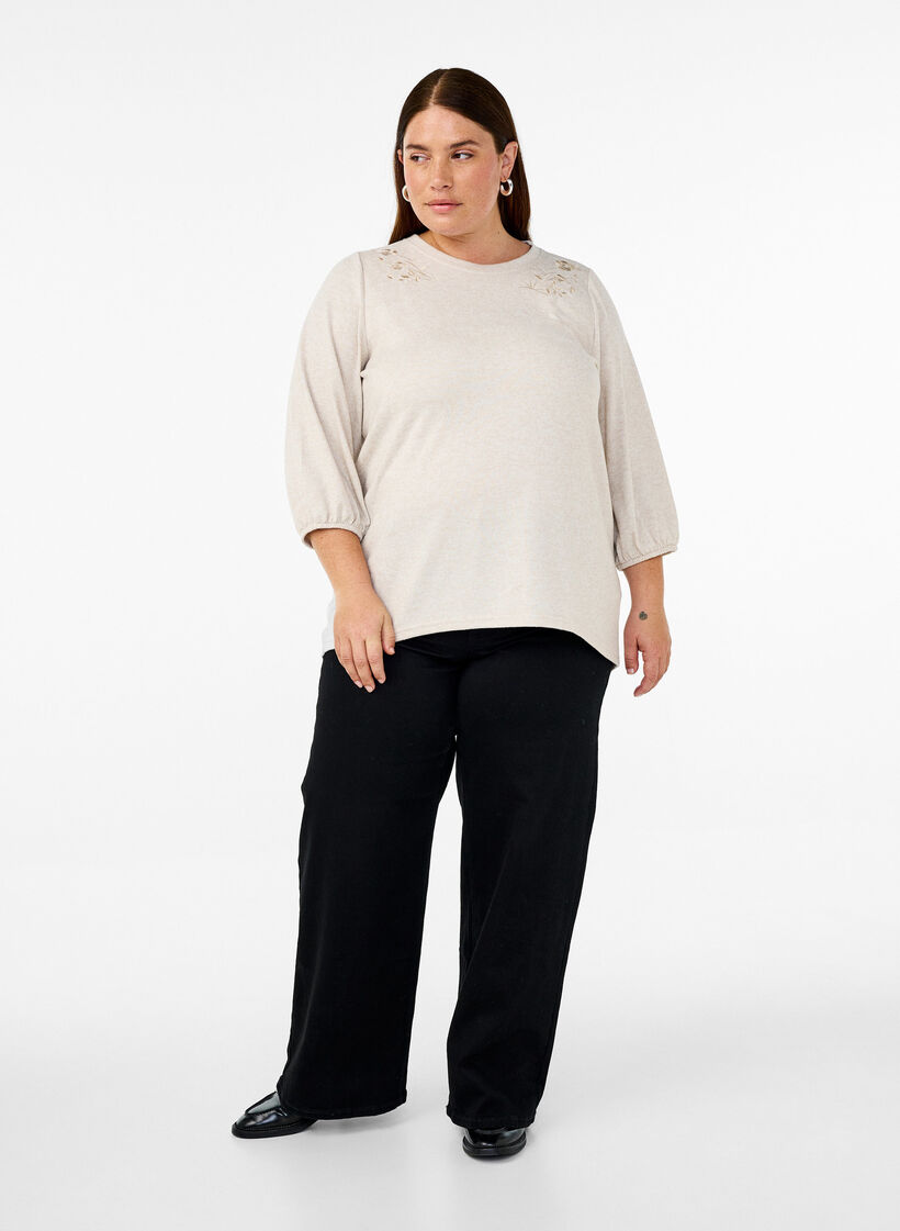 Bluse med blomsterbroderi og 3/4-ærmer, Oatmeal Melange, Model image number 2