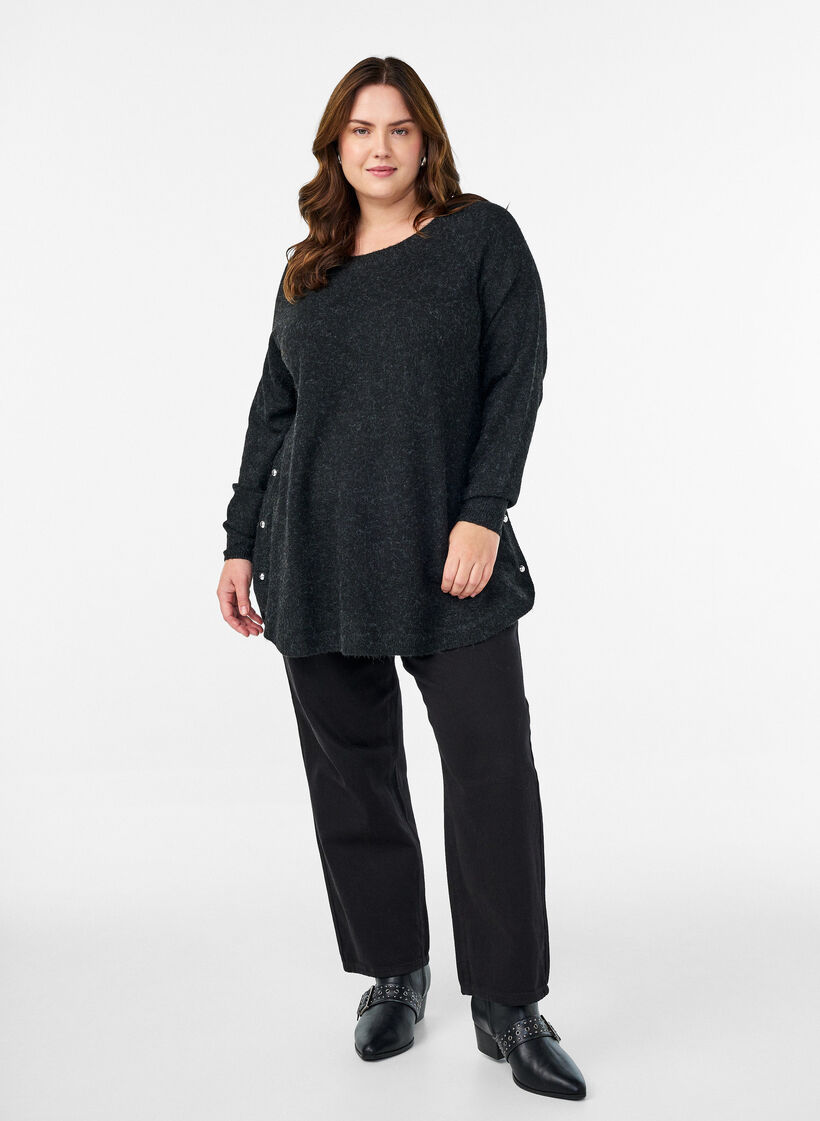 Lang strikbluse med kugleknapper, Grå, Model image number 1