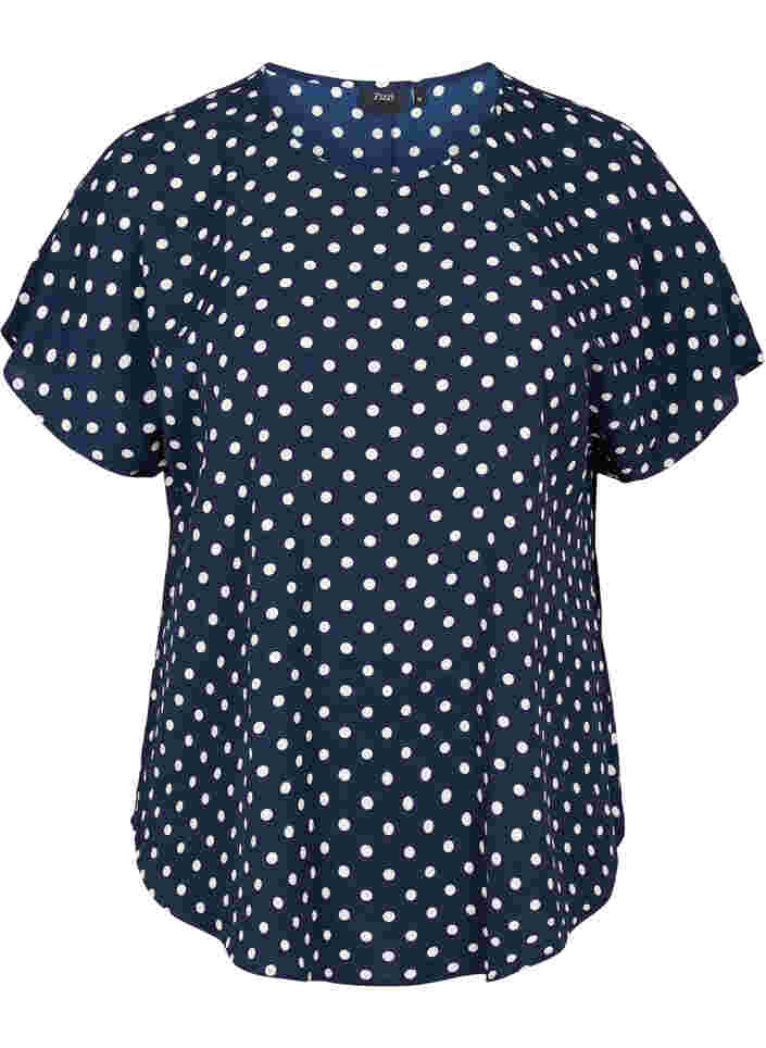 Bluse med korte ærmer og rund halsudskæring, Navy Bla w White Dot, Packshot image number 0