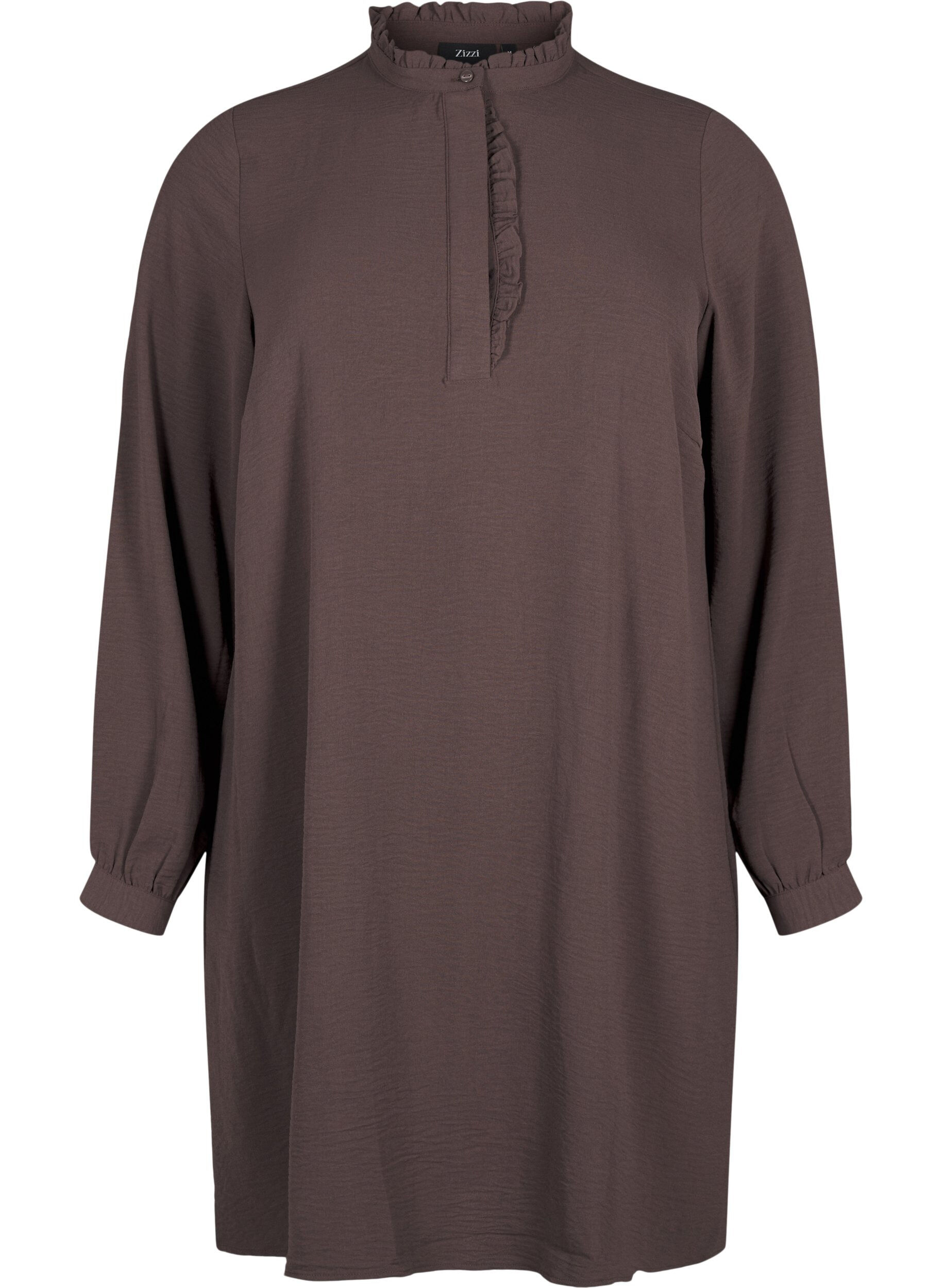 Zizzi Lang&aelig;rmet kjole med fl&aelig;sedetaljer , Chocolate Martini, Packshot image number 0