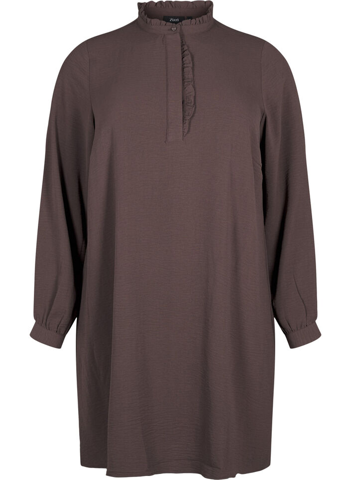 Langærmet kjole med flæsedetaljer , Chocolate Martini, Packshot image number 0