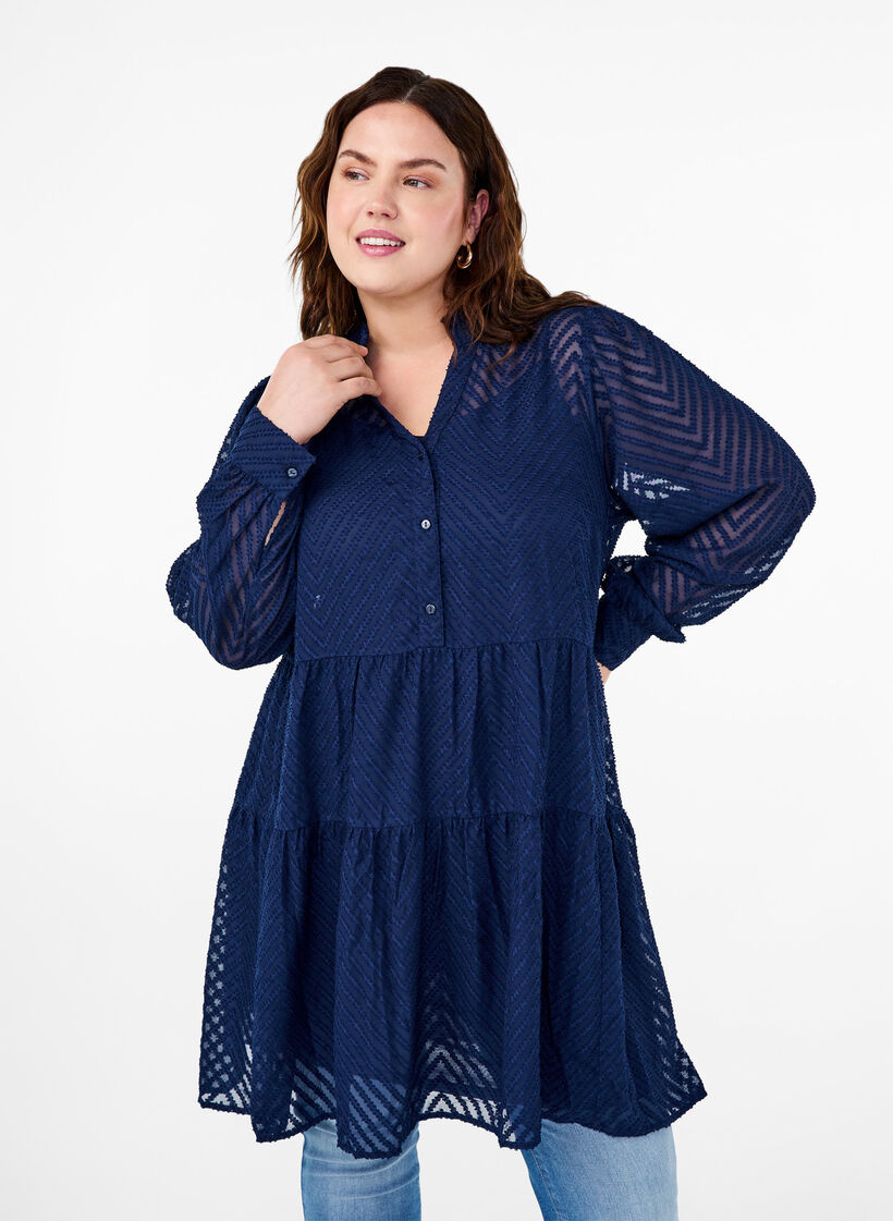 Kort kjole med tekstur og flæsekrave, Navy Blazer, Model image number 0