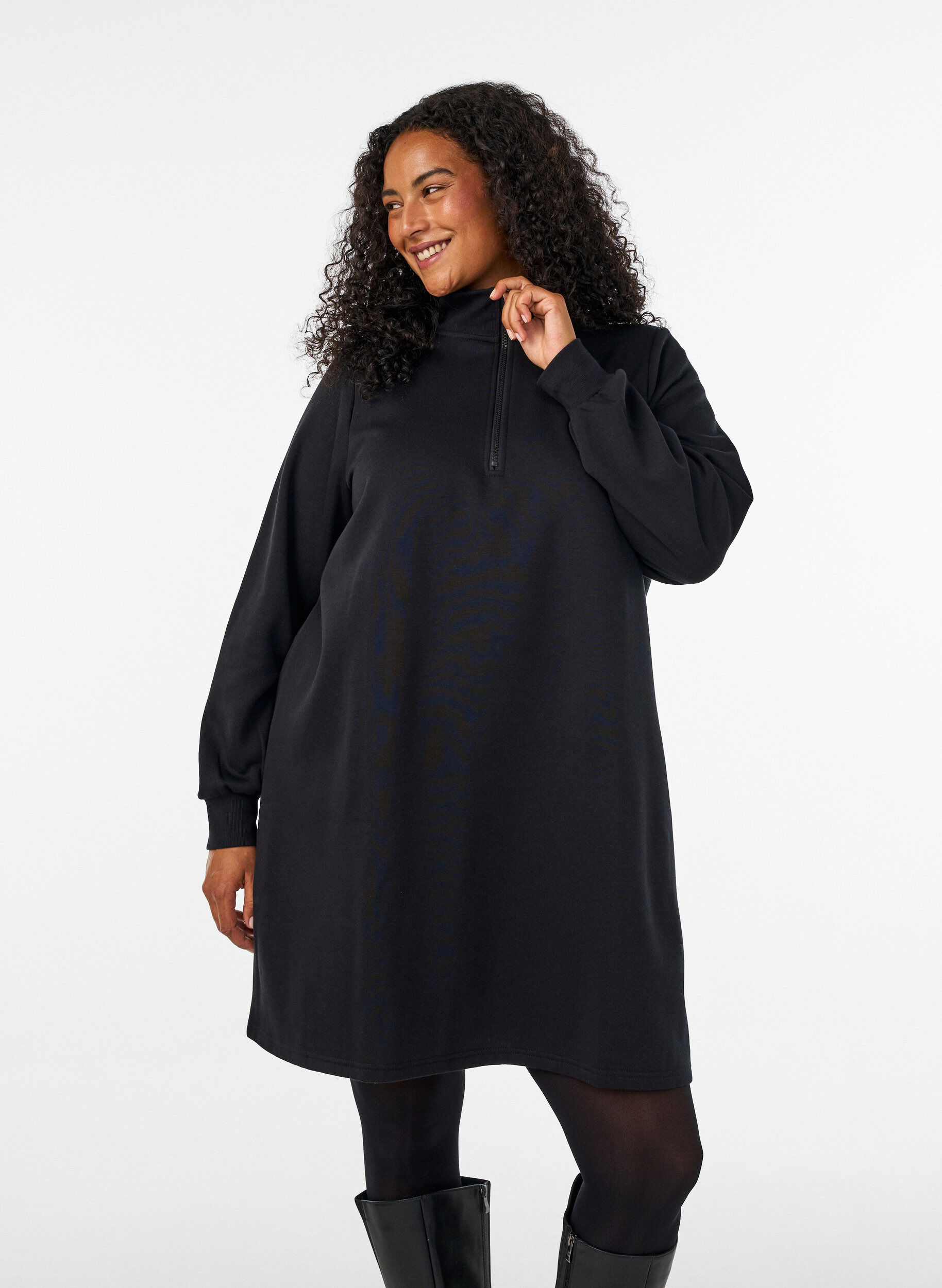 ZizziSweatkjole med h&oslash;j ribkrave og lynl&aring;s , Sort, Model image number 0