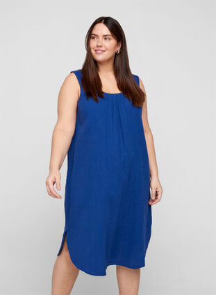 Ærmeløs bomulds kjole med a-form , Twilight Blue, Model image number 0