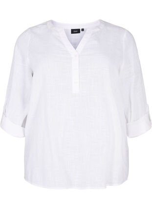 Skjortebluse i bomuld med v-udskæring, Bright White, Packshot image number 0