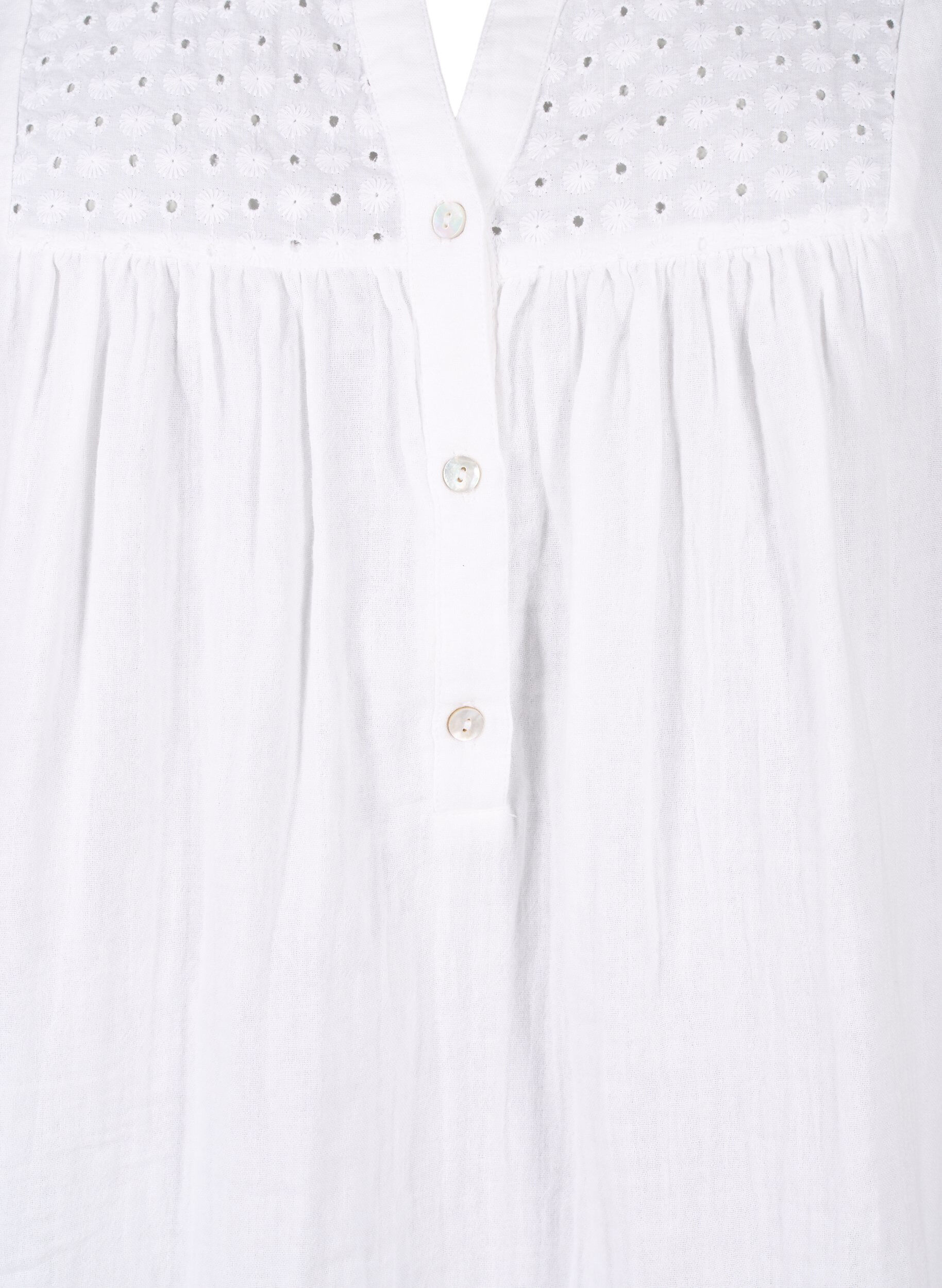 Zizzi Bluse i bomuld med broderi anglaise og 3/4 &aelig;rmer, Bright White, Packshot image number 2
