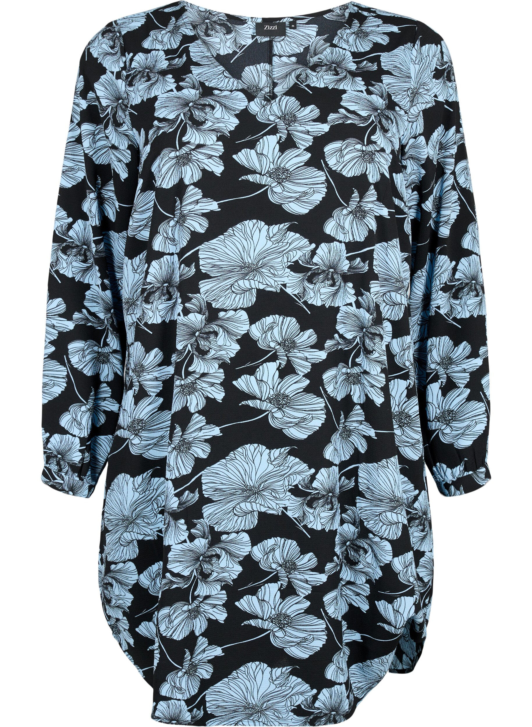 Zizzi V-hals kjole med print, Black B. Flower AOP, Packshot image number 0