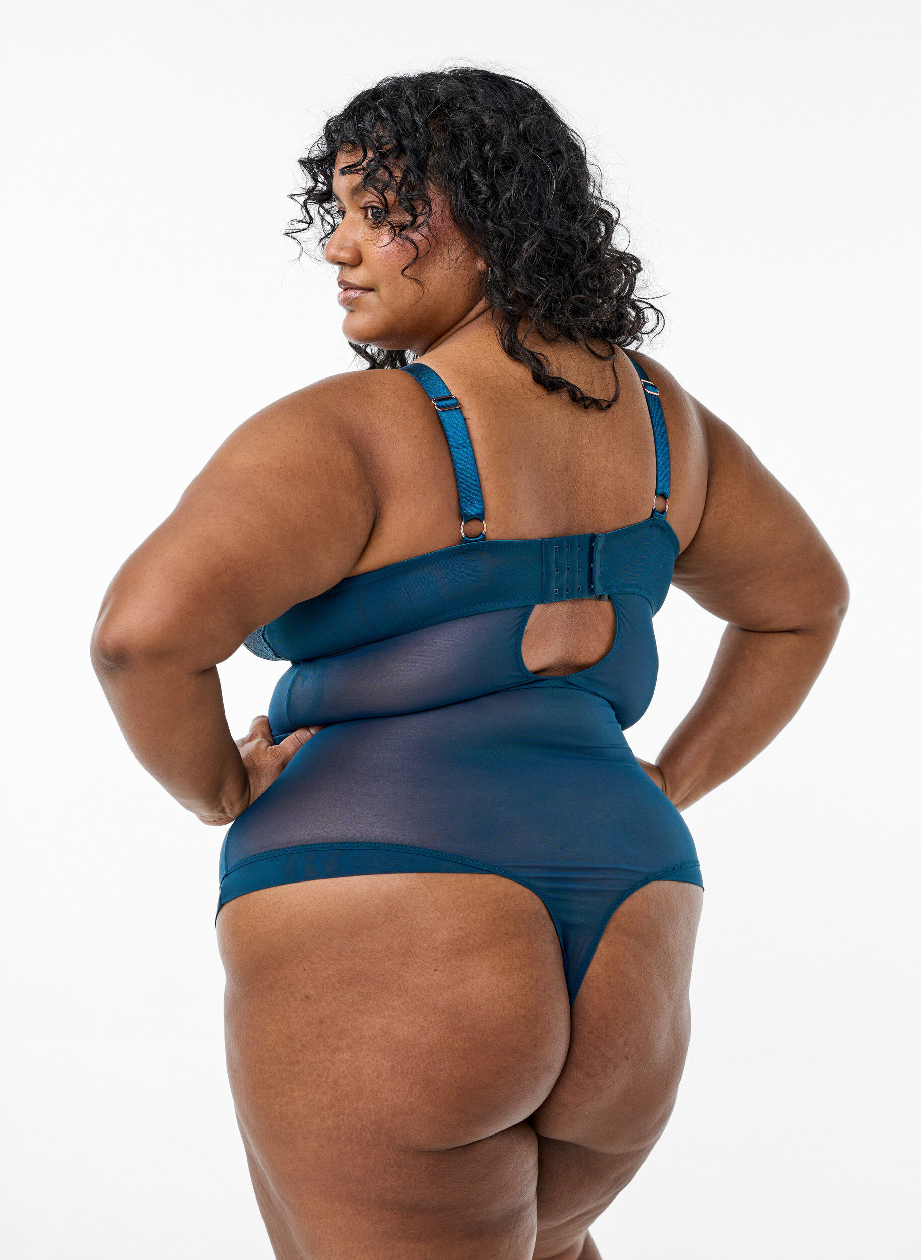 Zizzi Bodystocking i mesh med blonder, Bl&aring;, Model image number 1