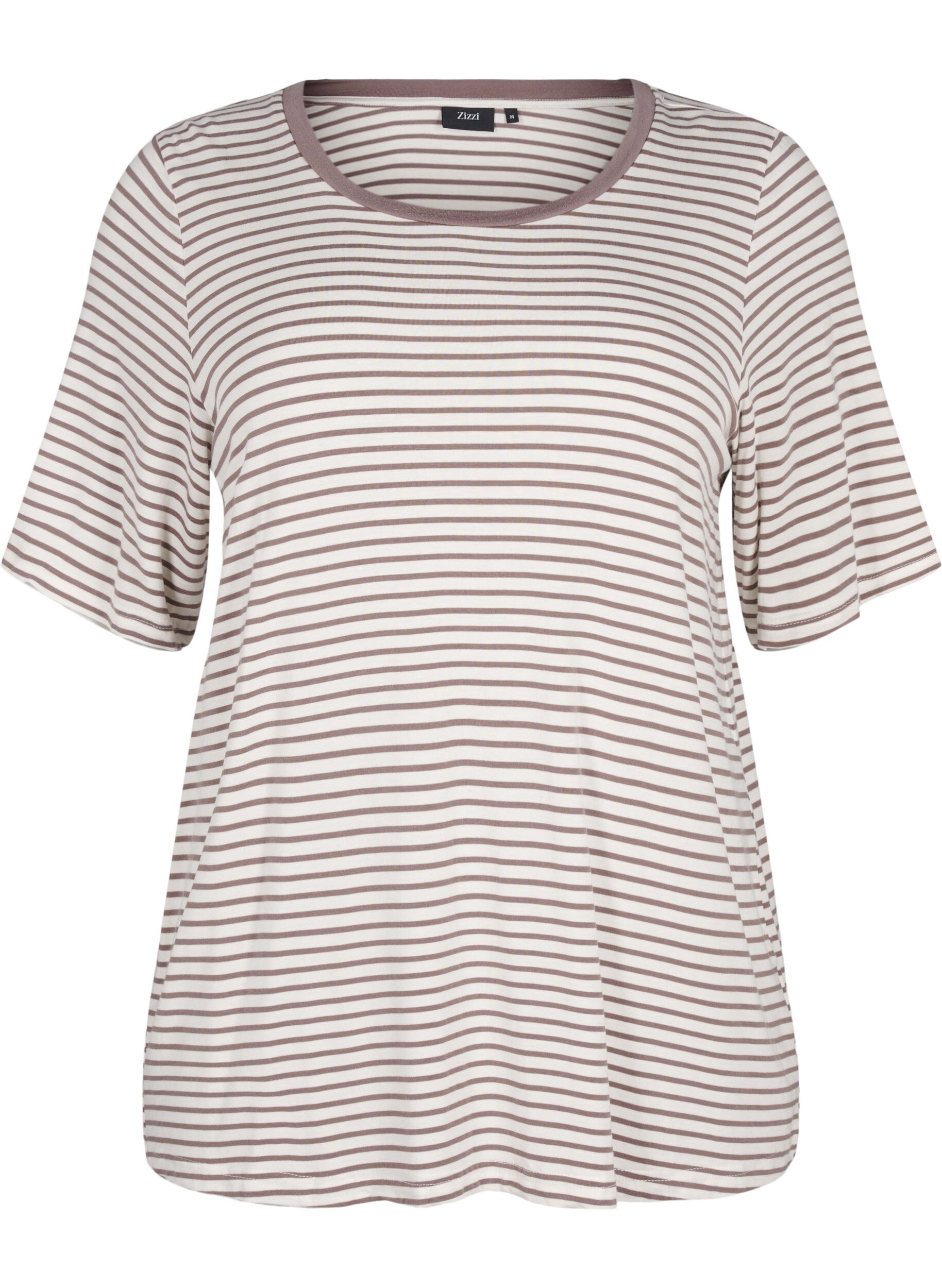 Zizzi Stribet t-shirt i lyocell med rund hals, Brun, Packshot image number 0